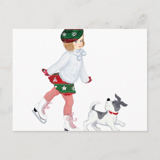 Schattig klein meisje dat skateeg op ijs en hond briefkaart (Voorkant)