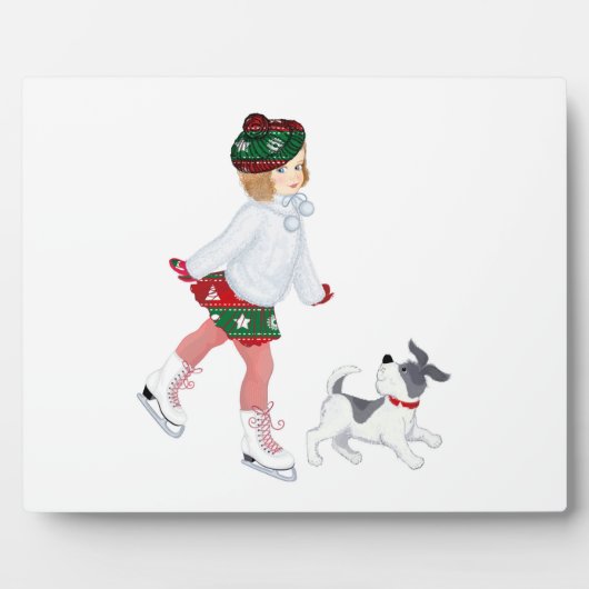 Schattig klein meisje dat skateeg op ijs en hond fotoplaat (Voorkant)