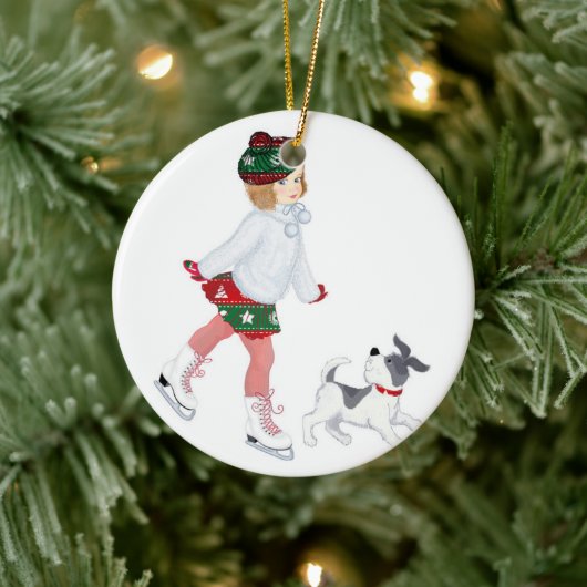 Schattig klein meisje dat skateeg op ijs en hond keramisch ornament (Boom)