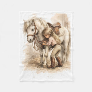 Schattig Klein Meisje dat Witte Paard Knuffelt Fle Fleece Deken