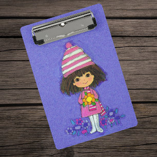 Schattig Klein Vintage Meisje Roze Outfit Bloemen Mini Klembord