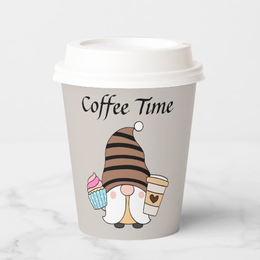 schattig koffietijd gnoom tekst toe te voegen papieren bekers (Voorkant)