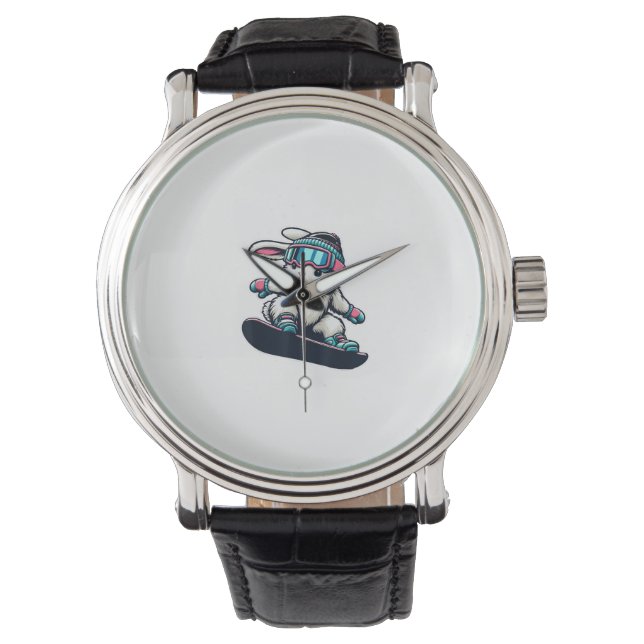 Schattig Konijn Doet Snowboardtruc Kinderen Pasen Horloge (Voorkant)