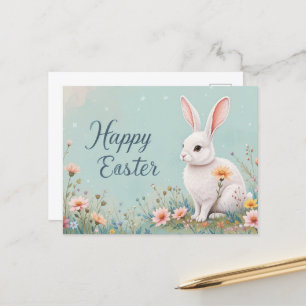 Schattig konijn en bloemen Schattige Pasen Feestdagenkaart
