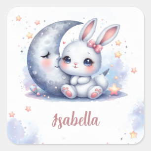 schattig konijn en een wassende maan vierkante sticker