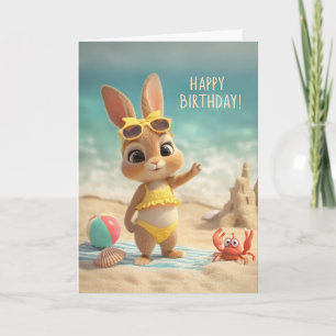 Schattig Konijn in Gele Zwembroek Strand Verjaarda Kaart