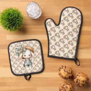 Schattig Konijn in Overall met Strohoed & Strik Ovenwant & Pannenlap Set