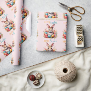 Schattig Konijn Kleurrijke Eieren Bloemen Gelukkig Cadeaupapier