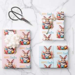 Schattig Konijn Kleurrijke Eieren Bloemen Gelukkig Inpakpapier Vel