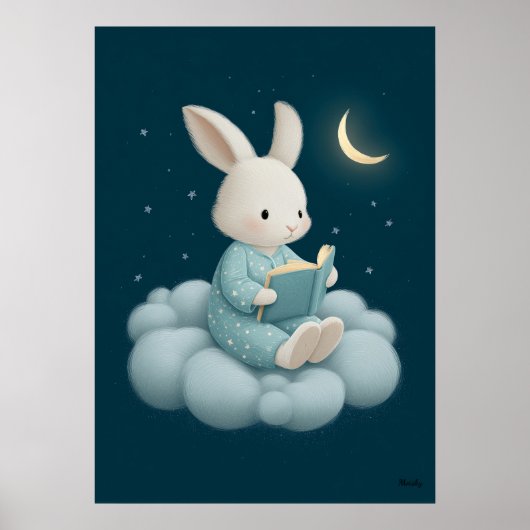 Schattig Konijn Leest op Wolk Slaapkamer Nursery Poster (Voorkant)