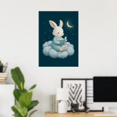 Schattig Konijn Leest op Wolk Slaapkamer Nursery Poster (Thuiskantoor)