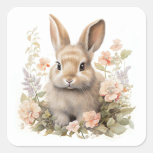 Schattig konijn met bloemen vierkante sticker