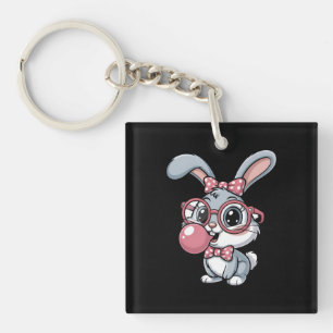 Schattig Konijn met Bril die Bubble Gum Blaast Sleutelhanger