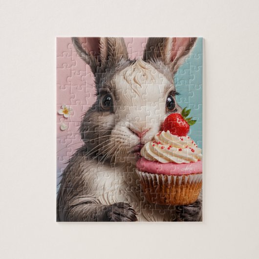 Schattig konijn met cupcake legpuzzel (Verticaal)