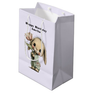 Schattig Konijn met een Tulp Verjaardag Medium Cadeauzakje