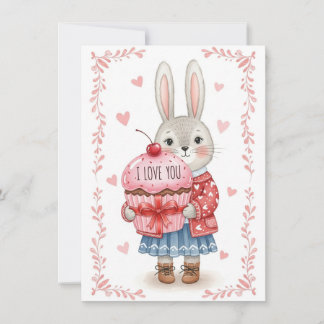 Schattig Konijn met Roze Cupcake Feestdagenkaart