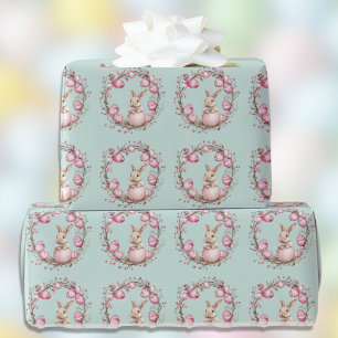 Schattig Konijn met Roze Paaseieren en Kransen Cadeaupapier