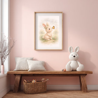 Schattig Konijn Met Vlinder Neutrale Kinderkamer Poster