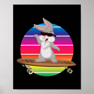 Schattig konijn rijdt op skateboard regenboog skat poster