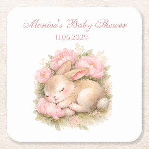 Schattig Konijn Roze Blush Pioen Baby Shower Vierkante Kartonnen Onderzetter
