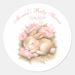 Schattig Konijn Roze Blush Pioen Geboorte Feest Ronde Sticker