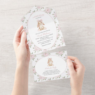 Schattig Konijn, Roze Strik, Roze Bloemen, Baby Sh All In One Uitnodiging
