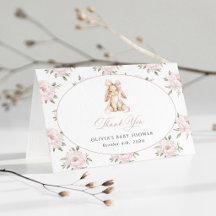 Schattig Konijn, Roze Strik, Roze Bloemen, Baby Sh