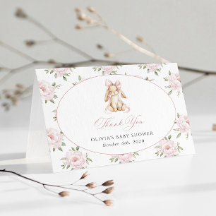 Schattig Konijn, Roze Strik, Roze Bloemen, Baby Sh Bedankkaart