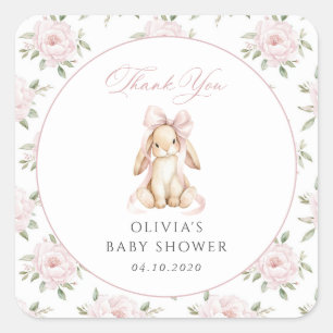 Schattig Konijn, Roze Strik, Roze Bloemen, Baby Sh Vierkante Sticker