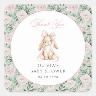 Schattig Konijn, Roze Strik, Roze Bloemen, Baby Sh Vierkante Sticker