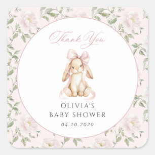 Schattig Konijn, Roze Strik, Roze Bloemen, Baby Sh Vierkante Sticker