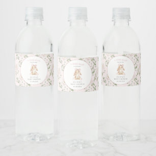 Schattig Konijn, Roze Strik, Roze Bloemen, Baby Sh Waterfles Etiket