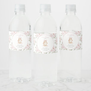 Schattig Konijn, Roze Strik, Roze Bloemen, Eerste Waterfles Etiket