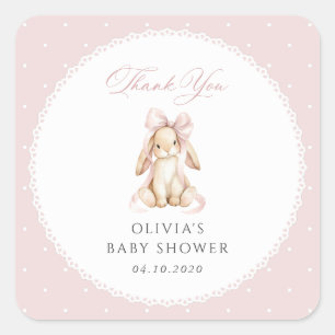 Schattig Konijn, Roze Strik, Roze Stippen, Baby Sh Vierkante Sticker