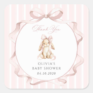 Schattig Konijn, Roze Strik, Roze Strepen, Baby Sh Vierkante Sticker