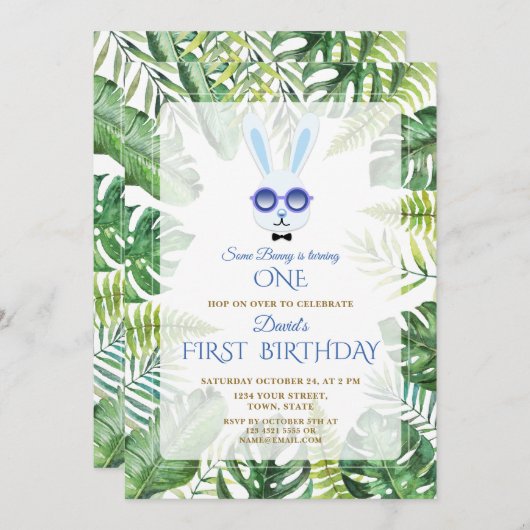 Schattig Konijn Tropische Groene Jongen 1e Verjaar Kaart (Voorkant / Achterkant)