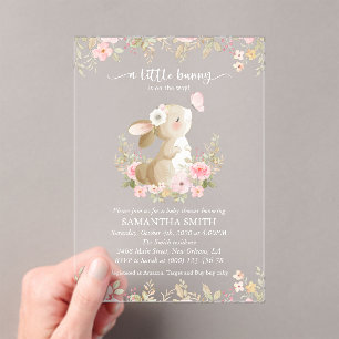 Schattig Konijn, Vlinder, Roze Bloemen, Baby Showe Acryl Uitnodigingen