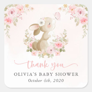 Schattig Konijn, Vlinder, Roze Bloemen, Baby Showe Vierkante Sticker