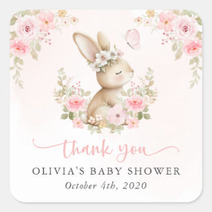 Schattig Konijn, Vlinder, Roze Bloemen, Baby Showe Vierkante Sticker