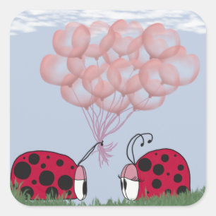 Schattig Ladybug met  roze ballon Bouquet Vierkante Sticker