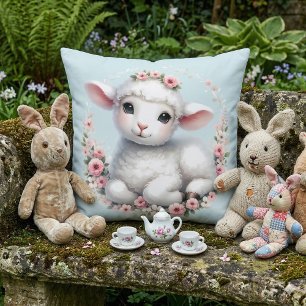 Schattig Lammetje met Bloemenkrans Illustratie Kussen