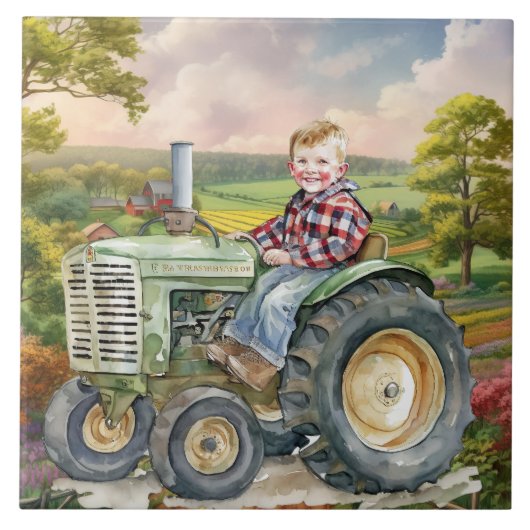 schattig land kind tractor tegeltje (Voorkant)