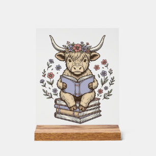 Schattig Lezend Koe Bloem Boek Stack Vintage Ontwe Acryl Bord