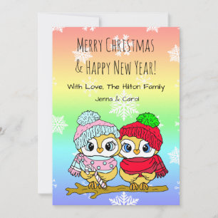 Schattig LGBTI-koppel uilen op boomtak Kerstmis Feestdagenkaart