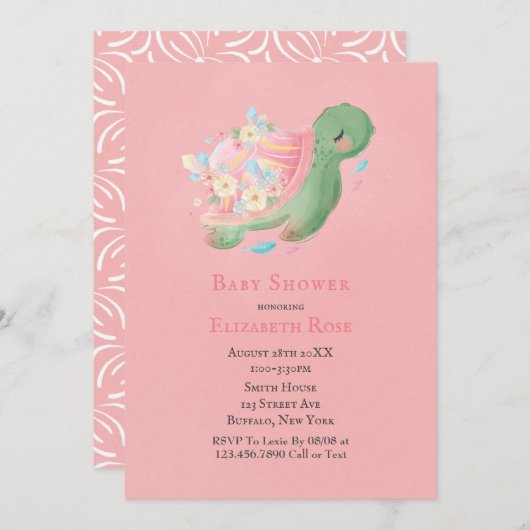 Schattig Little Turtle roze Baby shower Invitation (Voorkant / Achterkant)