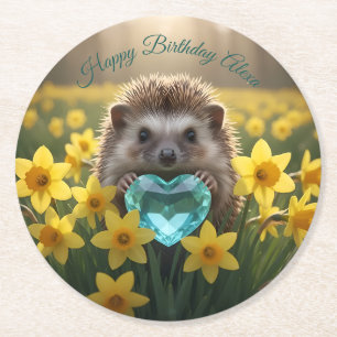 Schattig maart egel met aquamarijn hart ronde kartonnen onderzetter