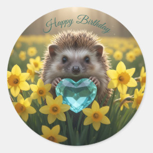 Schattig maart egel met aquamarijn hart ronde sticker