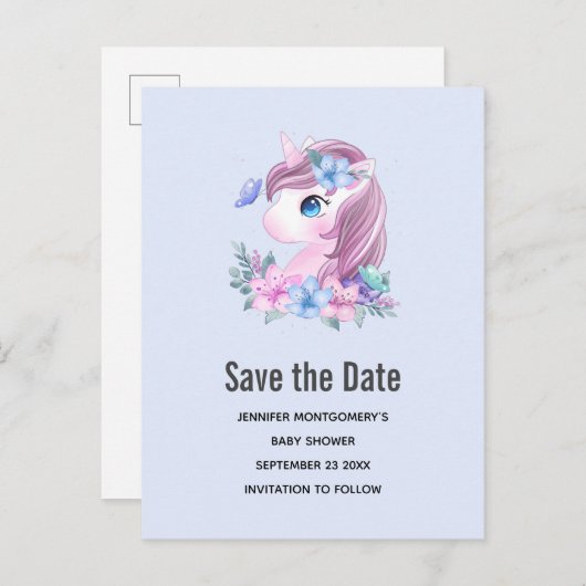 Schattig & Magisch Baby Eenhoorn Bewaar de Datum Uitnodiging Briefkaart (Voorkant / Achterkant)