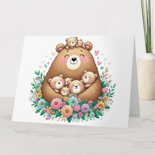 Schattig mama beer met zeven welpen kaart (Voorkant)