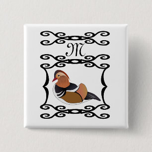 Schattig Mandarijn Eend Cartoon Monogram Vierkante Button 5,1 Cm
